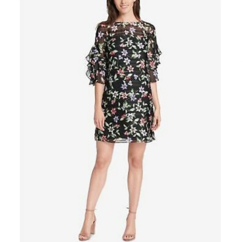 𝅺Vince Camuto Black Floral Print Shift Dress Sz 4 Ruffle Bell Sleeve Whimsigoth